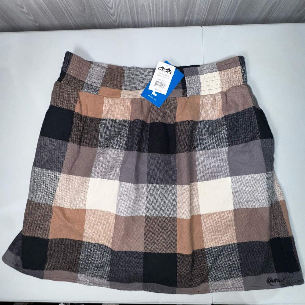 Kavu Plaid Flannel Mini Skirt With Pockets Elastic Waist Pull On Women’s Size L‎